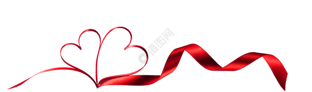 红色丝带的形状为两颗心的爱情,婚礼或情人节隔离白色背景上两颗心形状的红色丝带背景图片