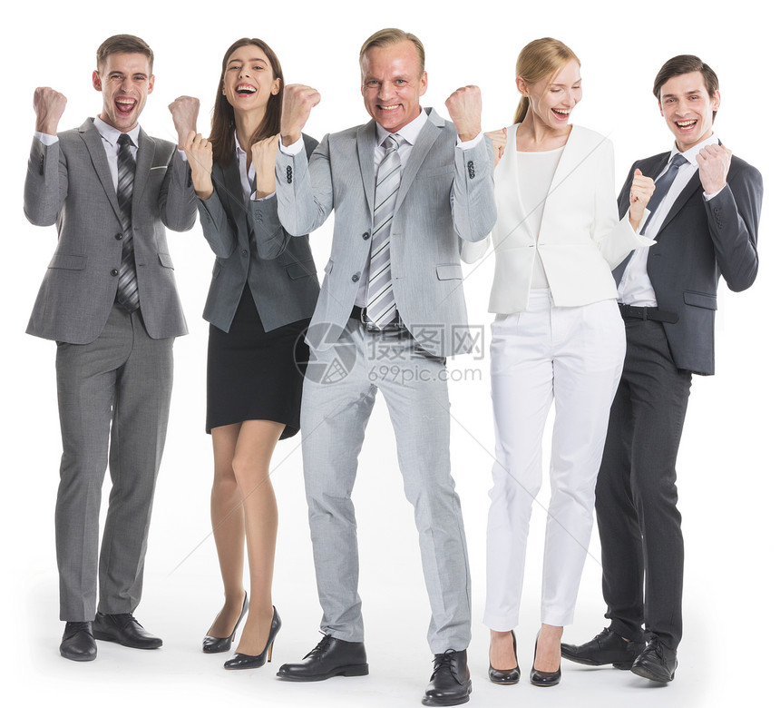 成功兴奋的商业人士小队站起,握拳,好的,的,手势隔离白色背景上商人握拳,的手势图片