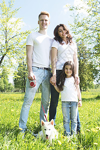 快乐的家庭夏天阳光明媚的公园里狗草地上散步公园里快乐的家庭图片