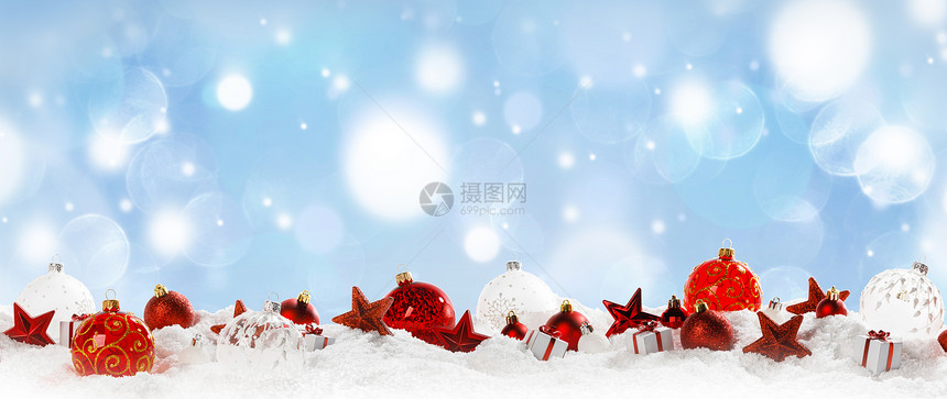 圣诞装饰框架的球,星星礼物雪中连续蓝色博凯背景的文字元素圣诞装饰背景图片