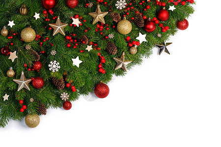 圣诞边框的树枝白色背景与隔离,红色金色装饰,浆果,星星,圣诞树树枝的圣诞框架图片