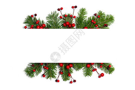 圣诞架自然冷杉圣诞树边框隔离白色,为文本冷杉树枝架白色上背景