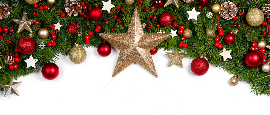 圣诞新年装饰框架隔离白色,冷杉树枝上,红色金色的Baubles松果,大明星,文字圣诞装饰框架图片