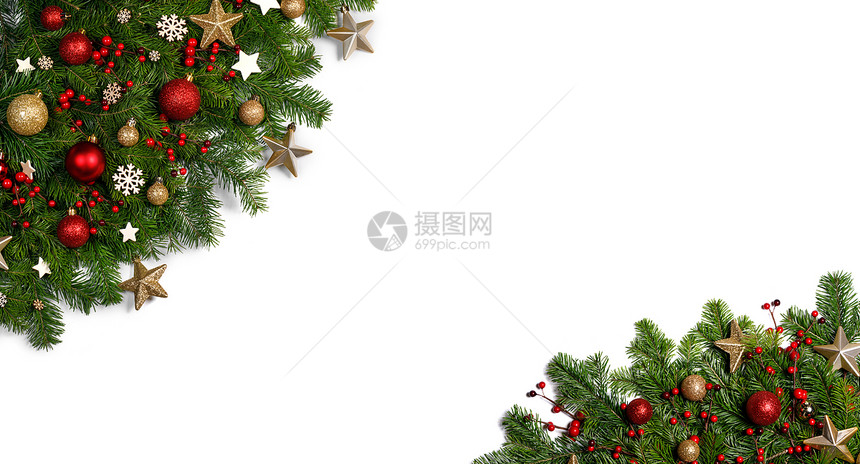 圣诞新年装饰框架隔离白色,冷杉树枝上,红色金色的Baubles,松果,星星,文字圣诞装饰框架图片