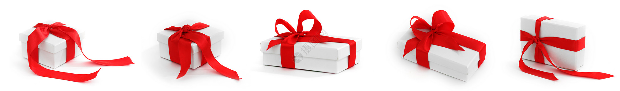 套白色盒子,用红色缎带蝴蝶结绑白色背景上圣诞节生日婚礼或情人节礼物白色礼品盒,用红结绑起背景图片