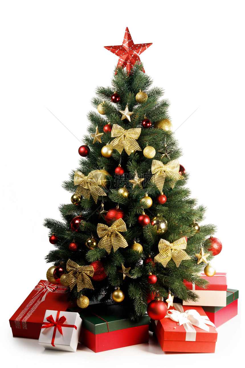 装饰圣诞树白色背景上隔离的礼物冬天的圣诞树图片