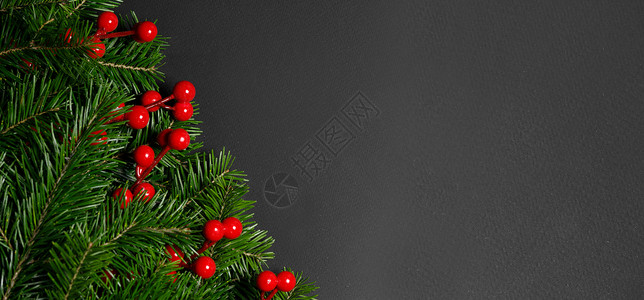 圣诞边界安排新鲜冷杉枝红色浆果黑色的纸背景,的文本冷杉树枝的圣诞边界图片