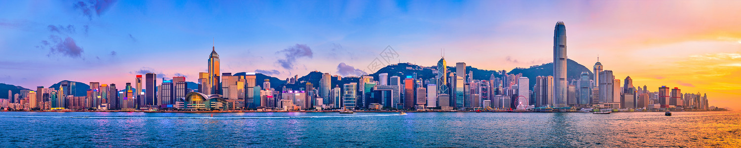 海岸线 绘制香港维多利亚港日落全景背景