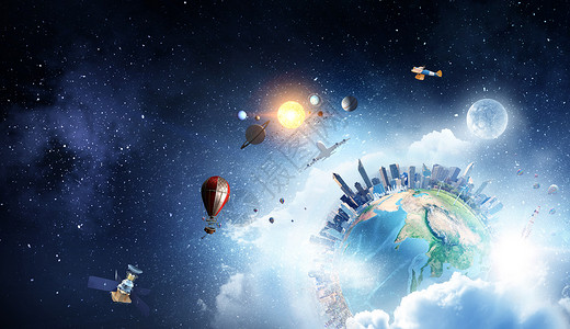 城市天际线的地球仪,多云的天空星空的深蓝色背景下地球行星与城市天际线天空背景背景图片