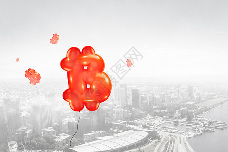 红色比特币气球空中飞行密码货币市场背景图片