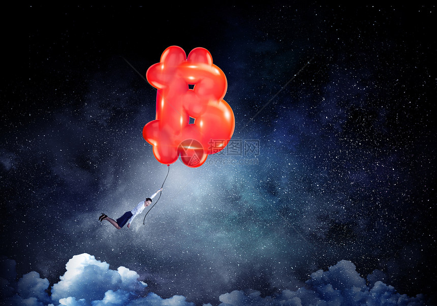 女商人乘坐红色比特币气球空中飞行密码货币市场图片