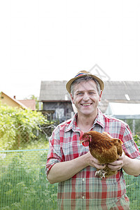 微笑的农民农场抱着母鸡的肖像图片