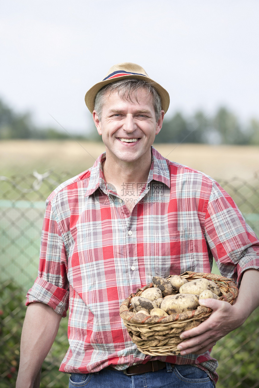 农场里带着有机土豆的微笑农民的肖像图片
