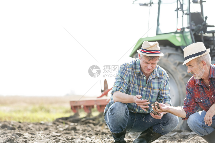 农民农场检查土壤时进行交流图片