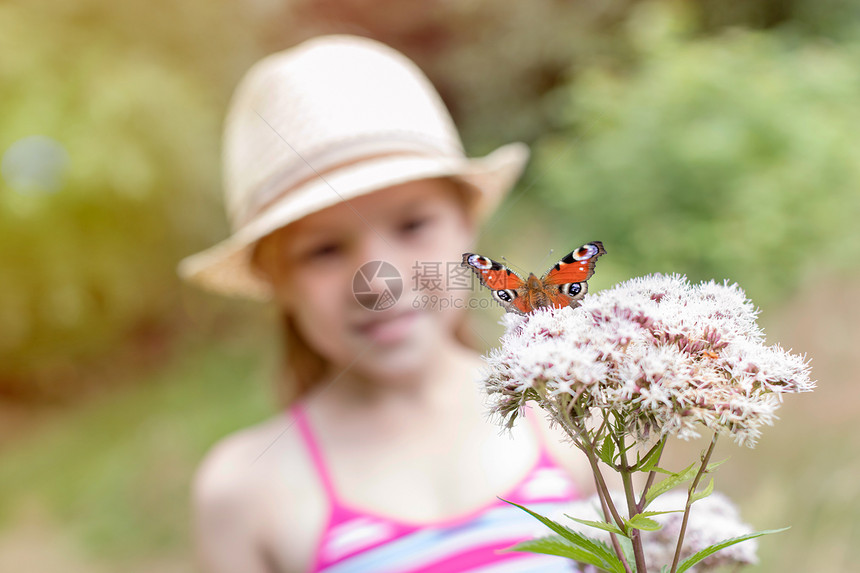 女孩看着蝴蝶栖息公园的花朵上图片