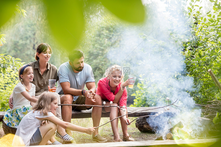 快乐的家人朋友公园燃烧的篝火上烤棉花糖图片