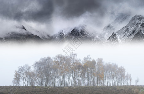 令人惊叹的史诗景观形象秋天与雾树前面的悬垂山脊线背景图片