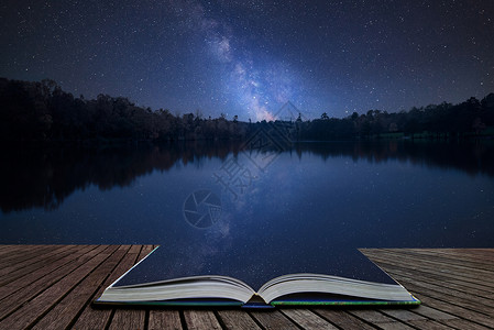 书中看星星惊人的惊叹的充满活力的银河复合图像静止的湖泊景观上神奇的故事书中的页面中出来背景