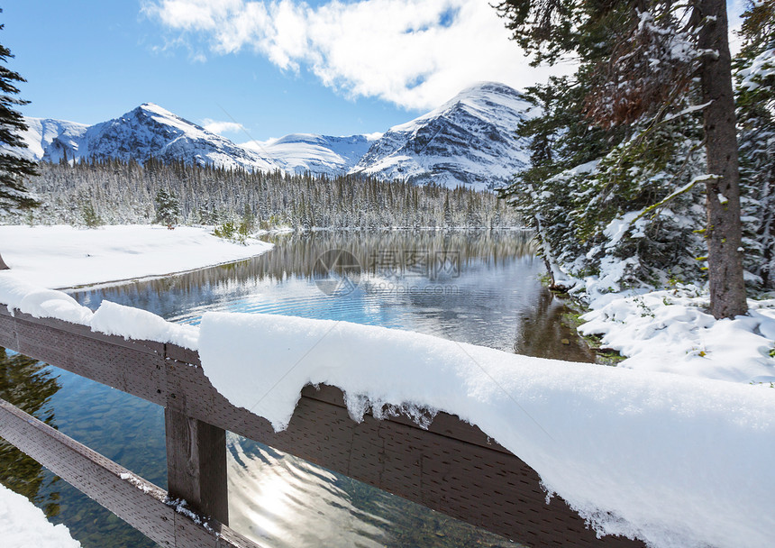 初冬,次雪覆盖岩石森林冰川公园,蒙大,美国图片