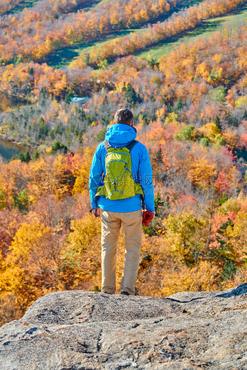 背包客男子徒步旅行艺术家的虚张声势秋天法国公园的秋天颜色美国新罕布什尔州白山森林图片