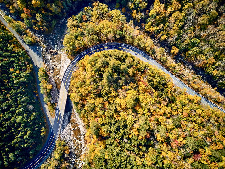 风景优美的莫霍克小径蜿蜒公路秋天,马萨诸塞州,美国落新英格兰空中无人机图片