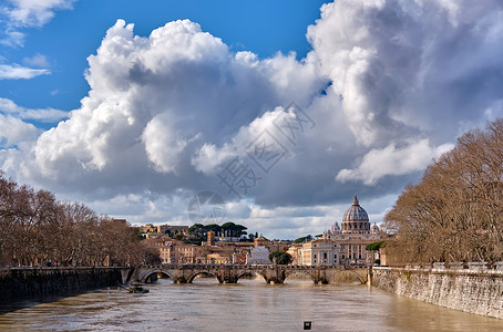 彼德大教堂提伯河,2月份高水位彼得巴西利卡梵蒂冈,安杰洛桥罗马,意大利背景图片