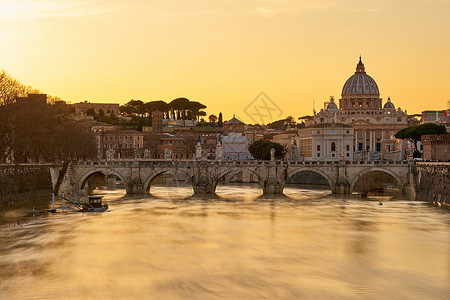 贝尔高姆彼得大教堂提伯河,日落时河水很高彼得巴西利卡梵蒂冈,安杰洛桥罗马,意大利背景