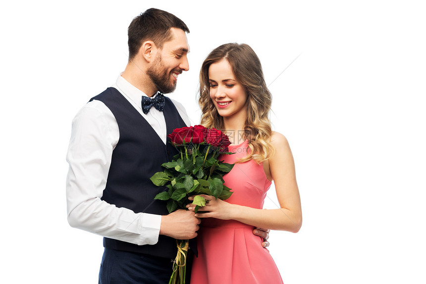情人节,关系人的幸福的夫妇与花拥抱情人节几花图片