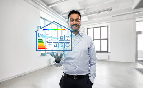 自动化,物联网技术微笑的印度商人房地产商与智能家居虚拟投影空的办公房背景房产经纪人空办公室智能家居投影背景