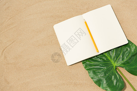 假期,旅行暑假笔记本与铅笔树叶海滩沙滩笔记本上铅笔树叶沙滩上图片