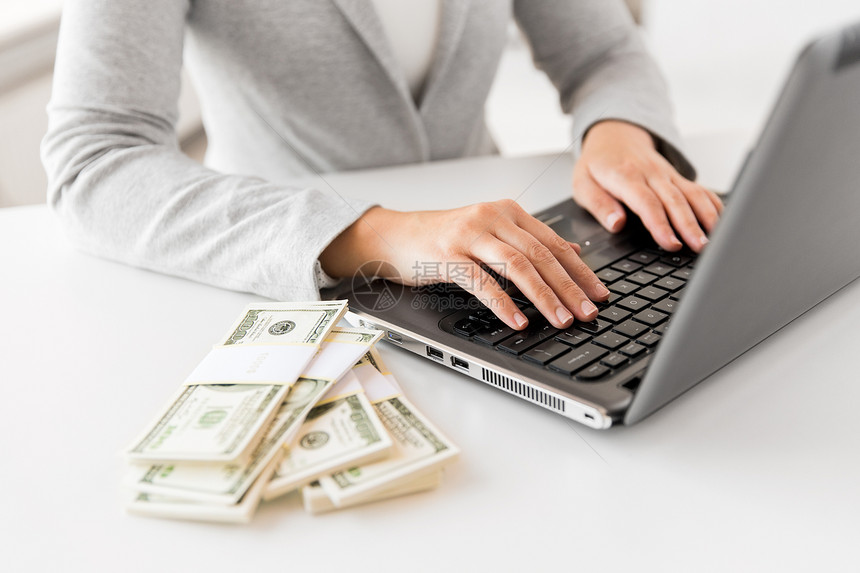 商业,互联网收入技术女商人与笔记本电脑美元的钱用笔记本电脑钱女商人图片