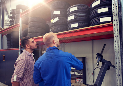 汽车服务,维修,维护人的机械人看轮胎汽车商店机械师男人汽车商店选择轮胎图片