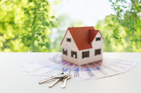 抵押,房地产财产家庭模式,金钱房屋钥匙绿色自然背景家庭模型,钱房子钥匙图片