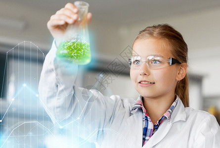 教育科学儿童戴护目镜的女孩学校实验室学化学试管的女孩学校学化学图片