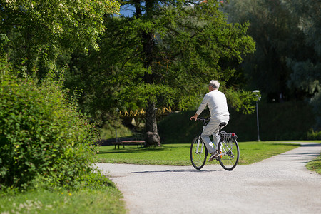 积极的老,人生活方式的快乐的老人骑固定自行车夏季公园快乐的老人夏季公园骑自行车背景图片