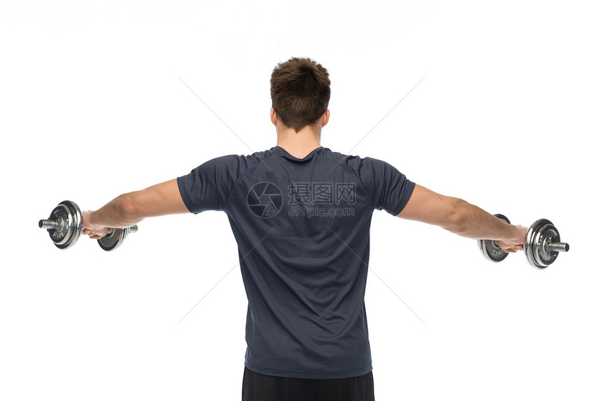 运动,健美,健身人的轻人哑铃弯曲肌肉白色背景后哑铃的轻人锻炼图片