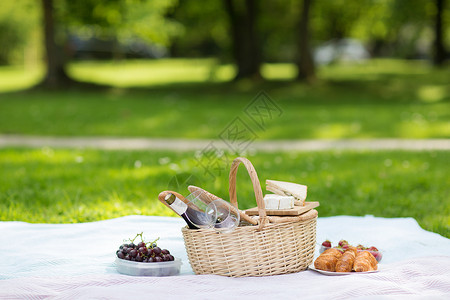 奶酪篮休闲野餐篮,食物酒杯毯子夏季公园夏季公园的野餐篮食物葡萄酒背景
