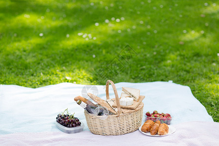 奶酪篮休闲野餐篮,食物酒杯毯子夏季公园夏季公园的野餐篮食物葡萄酒背景