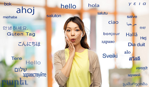 翻译,教育人的惊讶的亚洲妇女问候词同的外语惊讶的亚洲女人外来语背景图片