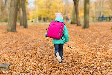 教育季节秋季公园带书包的小学生女孩秋天公园带书包的小女孩背景图片