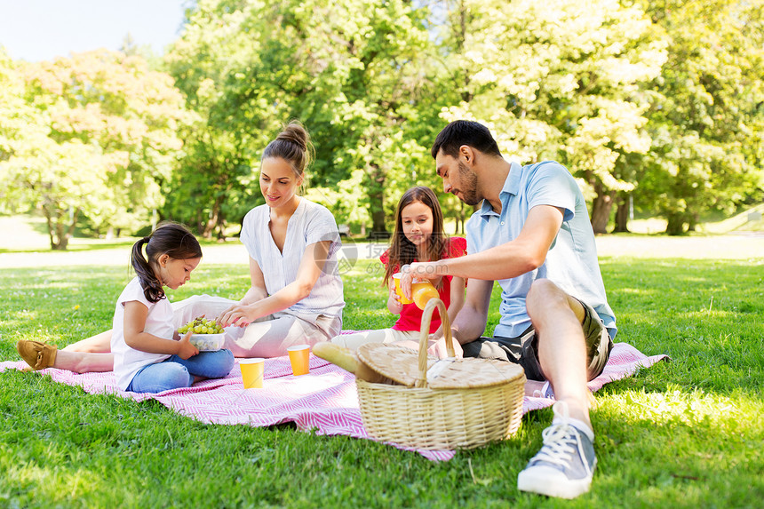 家庭,休闲人的快乐的母亲,父亲两个女儿夏季公园野餐快乐的家庭夏天的公园野餐图片
