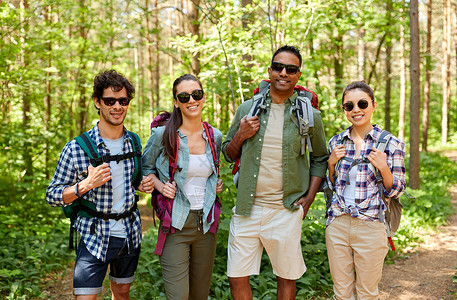 旅行,旅游,徒步旅行人的群朋友森林里背包朋友们带着背包森林里徒步旅行图片