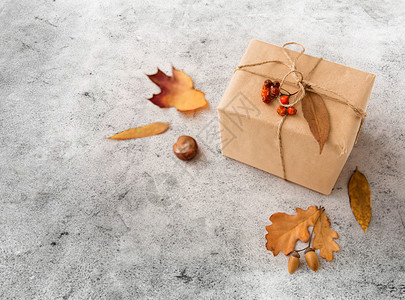 栗子包装自然季节礼品盒包装成邮政包装纸,秋叶,栗子,橡子玫瑰浆果灰色的石头背景礼品盒,橡子玫瑰背景