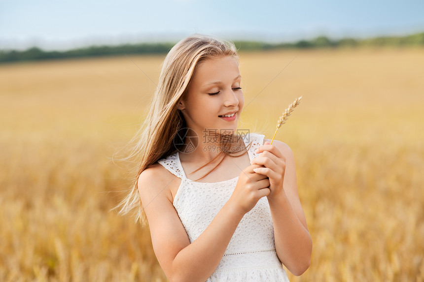 自然,收获生态微笑的轻女孩抱着小麦小穗谷物田夏天麦穗谷物地里的女孩图片