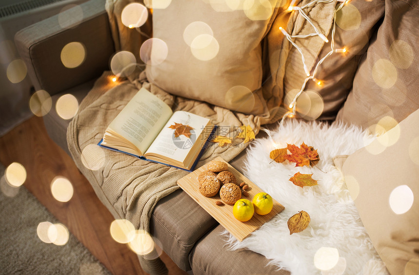 潮湿舒适的家庭柠檬,书,杏仁坚果燕麦饼干沙发上沙发上的柠檬,杏仁燕麦饼干图片