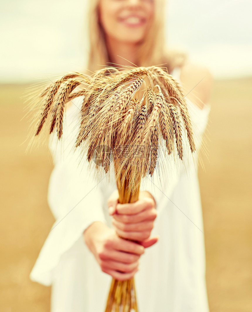乡村,自然,暑假,假期人们的微笑的轻女人穿着白色的衣服,谷物地里长着小穗用谷物小穗特写快乐的女人图片