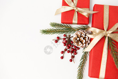 寒假,诞节庆祝红色礼品盒杉木树枝与松果白色背景诞礼物松树枝与松果图片