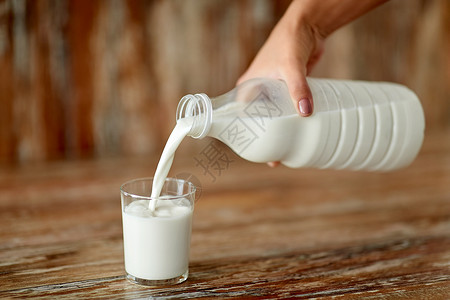 从这里把牛奶从瓶子里倒在玻璃杯中背景