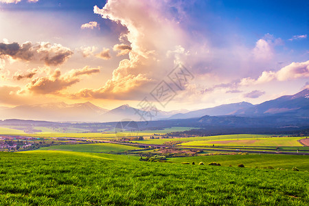 阿伯加文尼春天的山谷风景如画的绿地草地景观春天斯洛伐克Tatras山脉的全景草地,皮尼尼背景