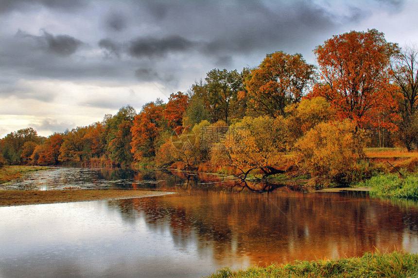 雨阴云密布的天空笼罩着薄雾河岸上的橙色秋树金色的秋天景观森林里五颜六色的树图片